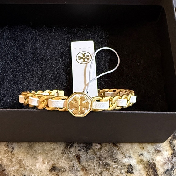 Tory Burch Jewelry - Tory Burch Gold and White leather cuff Bracelet